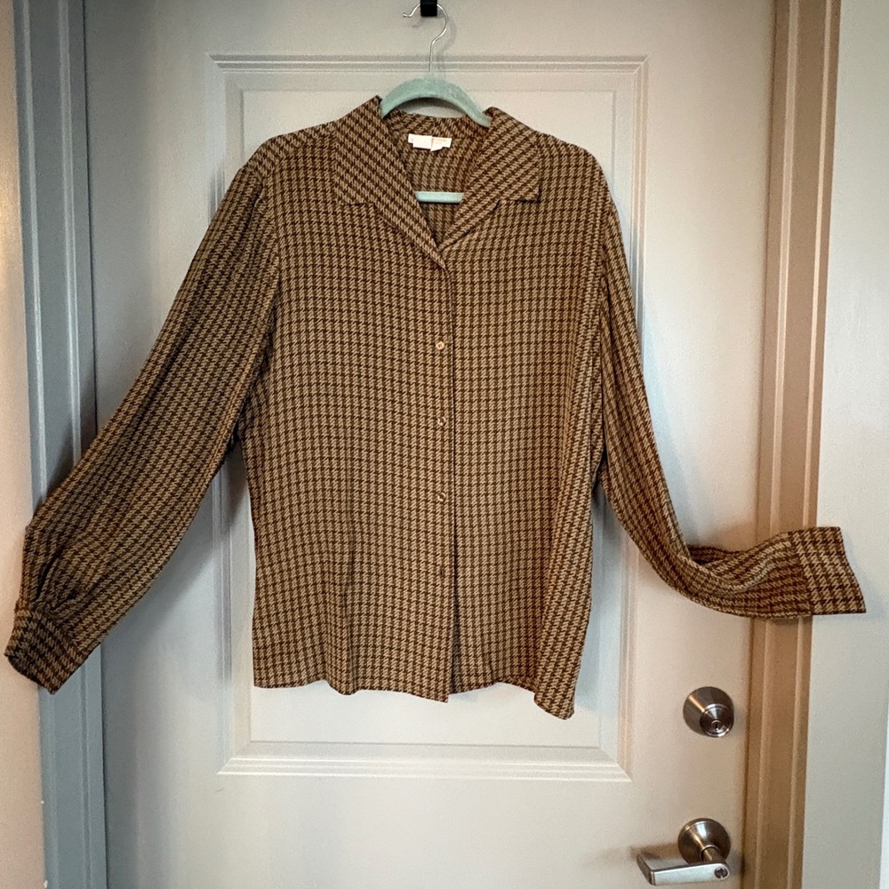 Brooks Brothers Pure Silk Houndstooth Camp Collar Blouse Brown Tan 14